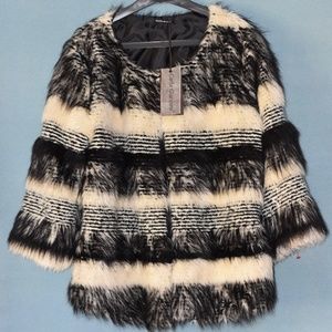 CARLA GIANNINI Designer  Tweed Faux Fur 3/4 Sleeve Jacket NEW